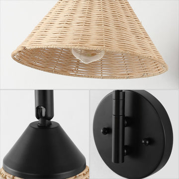 Kiawah 11" 1-Light Vintage Coastal Rattan/Metal Swing Arm LED Sconce - JONATHAN Y